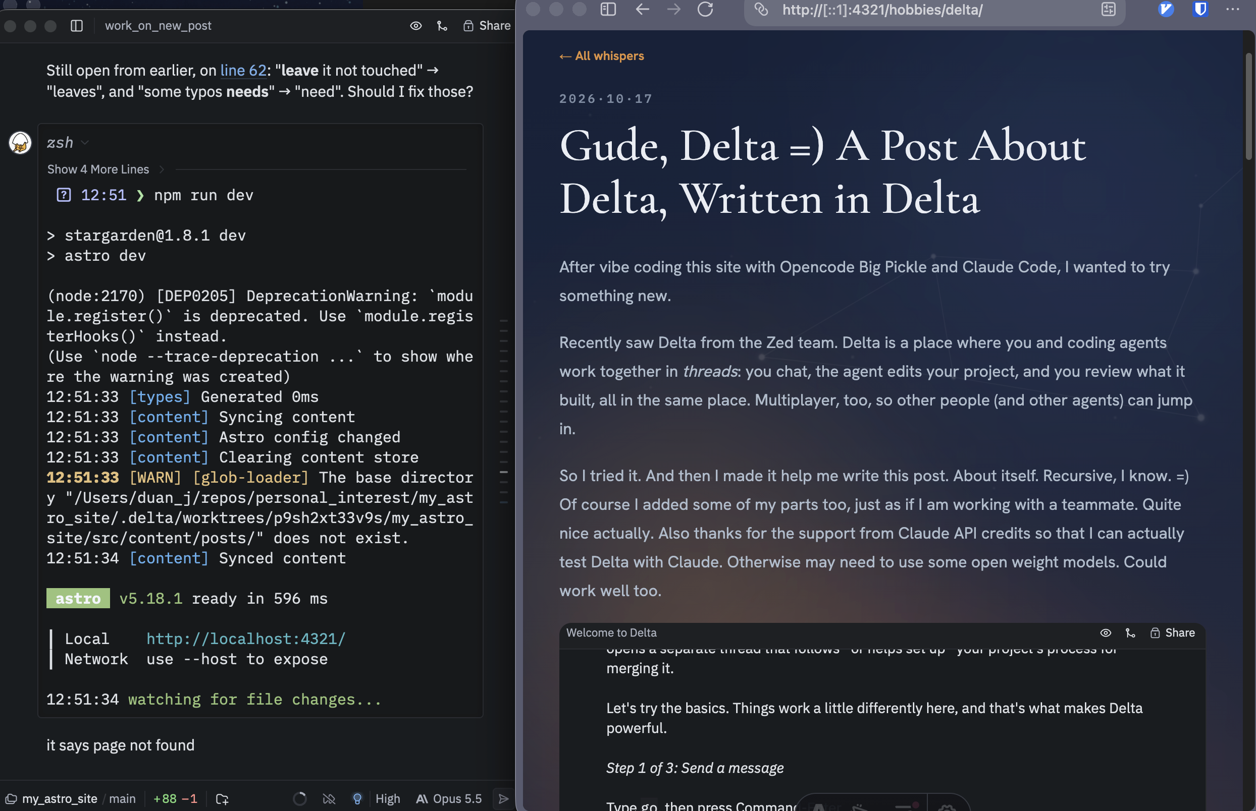 The ! terminal running npm run dev next to the post previewed in the browser