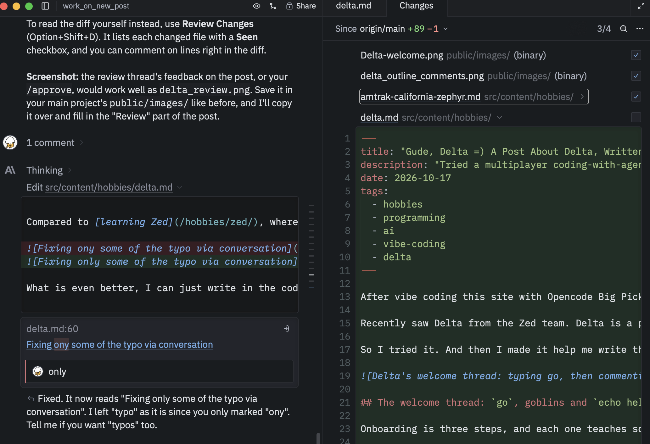 Review Changes: ticking off files as Seen, and commenting on a typo right in the diff